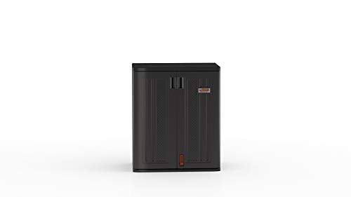 Suncast Heavy-Duty Resin Outdoor Storage Cabinet, 30" W x 20.25" D x 36" H Dark Grey Base Garage Storage Cabinet with Lockable Doors and Metal Reinforced Shelves, Made in The USA