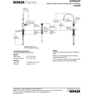 KOHLER K-99262-CP Artifacts 2-Hole Kitchen Sink Faucet and 14-11/16-Inch Swing Spout, Polished Chrome