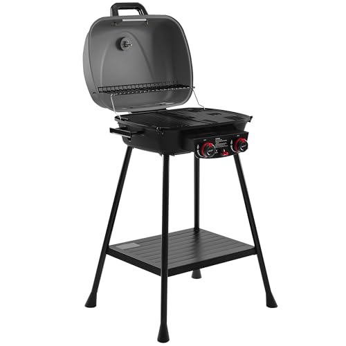Royal Gourmet GT2003 Portable 2 Burner Propane Gas Grill with Stand and Warming Rack, 2-in-1 Grill Griddle Combo with 17,000 BTUs Output forCamping, Tailgating, Backyard, Gray