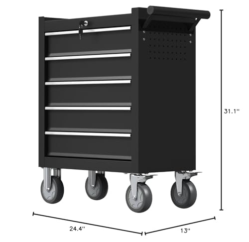 CMFYDAILY 5-Drawers Garage Tool Chest, Large Capacity Tool Cabinet Heavy Duty Mechanic Rolling Tool Box Metal Locking Tool Cart with Drawers and Wheels for Storage