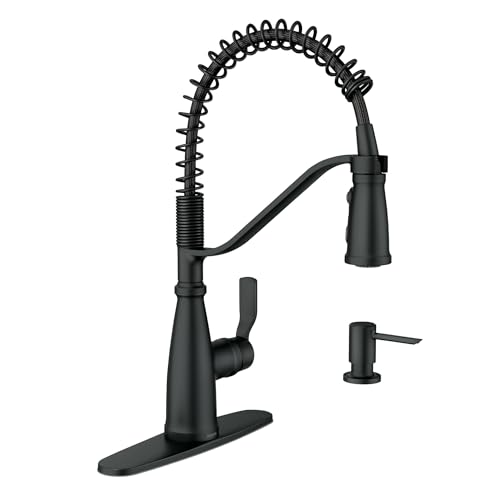 Moen Nolia Matte Black One-Handle Pre-Rinse Spring Kitchen Faucet with Pull Down Sprayer, Single Hole Kitchen Sink Faucet with Soap Dispenser, 87886BL