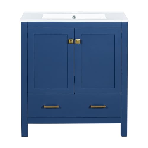 Favfurish 60" Double Bathroom Vanity with Ceramic Sink,Freestading Bathroom Storage Cabinet w/Shelf and Divided Drawers,Soft Close Doors,Separate 2 Bath Vanities Set,Mirror Not Included,Blue