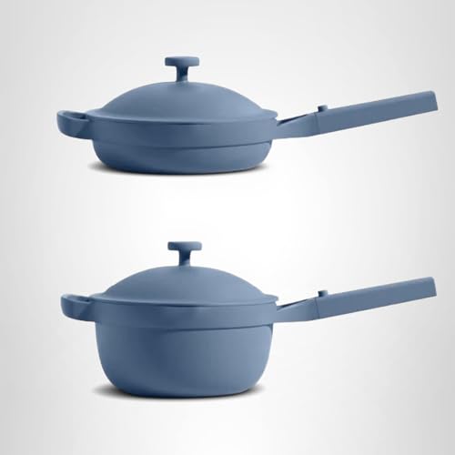 Our Place Cookware Duo | 7-Piece Ceramic Cookware Set with 10.5" Always Pan 2.0, 5.5 Qt Perfect Pot & Strainer Basket | Induction & Oven Safe up to 450°F | Nonstick, Non-Toxic Cookware | Blue Salt