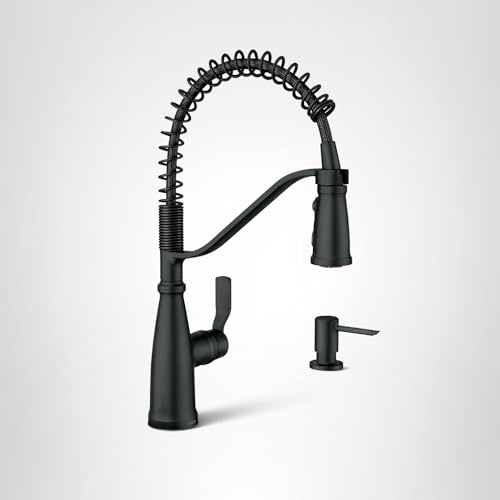 Moen Nolia Matte Black One-Handle Pre-Rinse Spring Kitchen Faucet with Pull Down Sprayer, Single Hole Kitchen Sink Faucet with Soap Dispenser, 87886BL