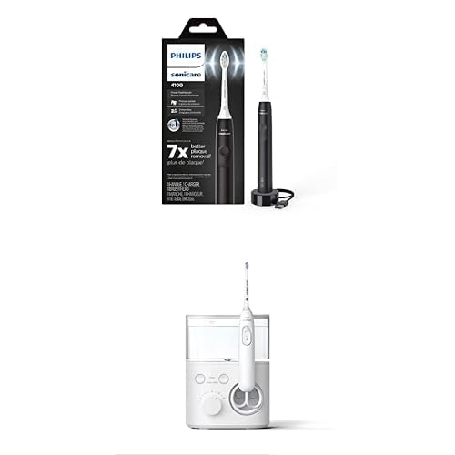 Bundle of Philips Sonicare 4100 Power Toothbrush, Rechargeable Electric Toothbrush with Pressure Sensor, Black + Philips Sonicare Power Flosser 5000, White, Frustration Free Packaging, HX3811/20