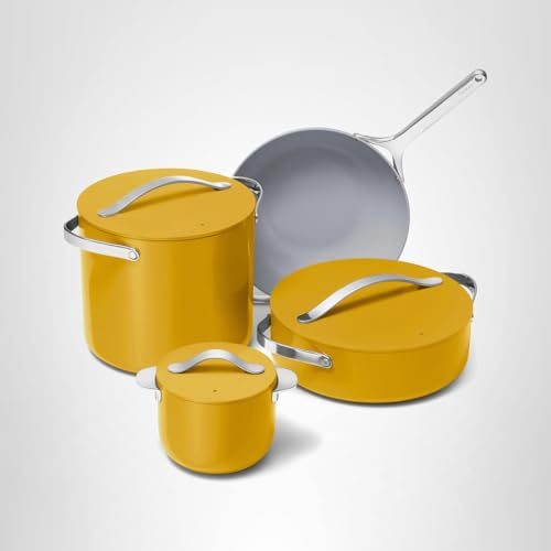 Caraway Cookware+ Collection - Specialty Cookware Set - Petite Cooker, Stir Fry Pan, Rondeau, & Stock Pot - 3 Lids & Storage Organizer Included - Marigold