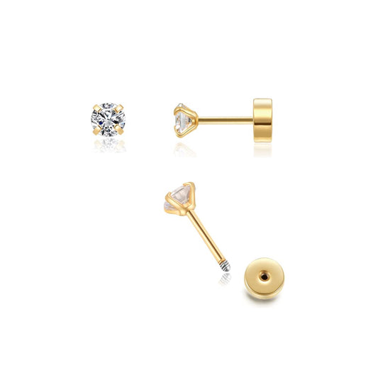 3mm Tiny CZ Screw on Flat Back Stud Earrings,Gold Plated Flat Back Cubic Zirconia Earrings for Helix Cartilage Tragus Earlobe Piercing Jewelry Gift for Women Men(3mm CZ,Gold)
