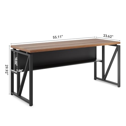 LITTLE TREE 55-Inch Executive Office Desk, Large Computer Desk with Storage Shelf, Executive Desk with Metal Frame, Thickened Desktop, Study Writing Desk Work Station for Home Office, Walnut Black