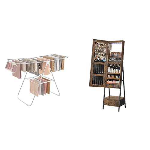 SONGMICS Clothes Drying Rack, LED Jewelry Cabinet Standing with Full-Length Mirror, ULLR052W01 and UJJC25X01