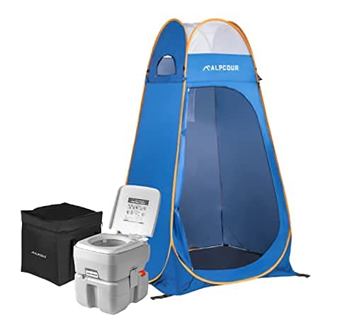 Alpcour Portable Toilet w/ Pop Up Tent - Compact Indoor & Outdoor Commode, Travel Bag for Camping, RV, Boat & More - Privacy Tent for Portable Toilet, Shower and Changing Room