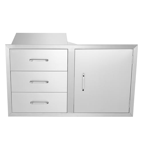 VEVOR BBQ Island Drawers 38.1W x 22.6H x 20.8D, Outdoor Kitchen Door Drawer Combo Cabinets, BBQ Access Door/Triple Drawers Combo, Stainless Steel Handles, Perfect for BBQ Island Patio Grill Station