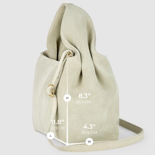 Italian Genuine Suede Shoulder Bag for Women with Sculpted Top Handle & Detachable Strap | Medium Designer Handbag (Beige)