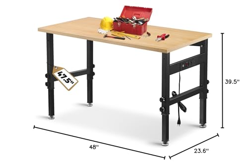 48" Adjustable Work Bench Garage Workbench with Power Outlets, 2200 Lbs Capacity Hardwood Top Work Bench Table Heavy-Duty Workbench for Garage, Workshop, Office, Home