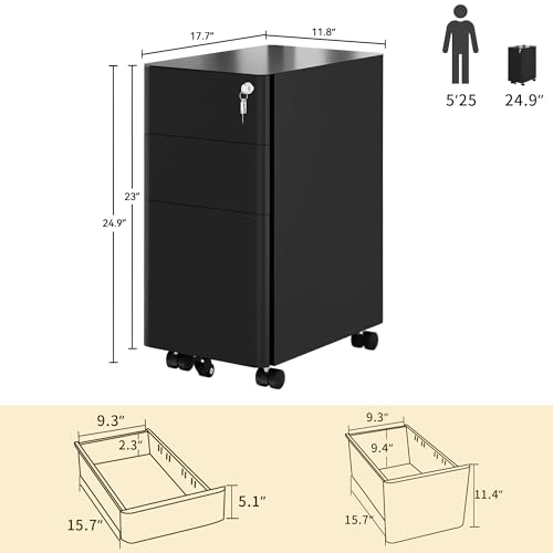 YITAHOME 3 Drawer File Cabinet, Mobile Filing Cabinet for Home Office, Metal Slim File Cabinet Drawers with Lock, Pre-Built Office Storage Cabinet for A4/Letter/Legal (Black)