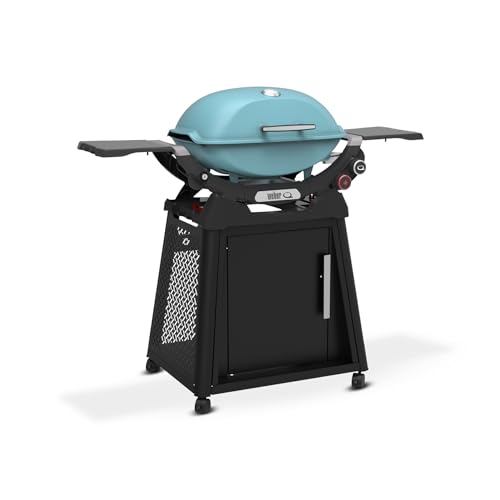 Weber Q 2800N+ Liquid Propane Grill with Stand, Sky Blue – Wide 250°–700°F Temp Range with Plus Burner for Searing, Low‑Temp Roasting & High-Dome Lid