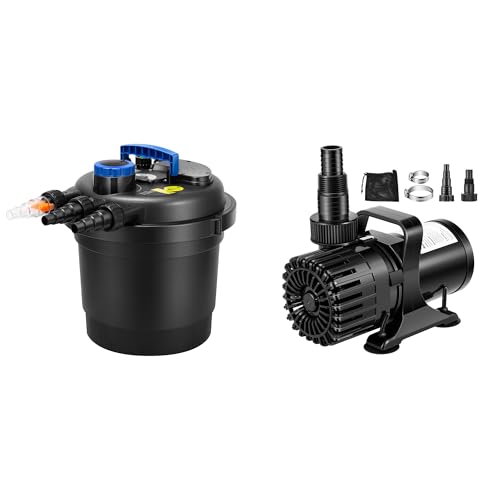 VIVOHOME Bio Pressure Pond Filter with 13W Light, Flow 2380GPH for Koi Ponds up to 800 Gallons with VIVOHOME 120W 2700GPH Submersible Water Pump with 180° Adjustable Water Outlet, 15.1ft High Lift