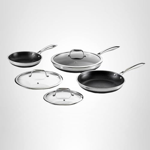 HexClad Hybrid Nonstick 6-Piece Fry Pan Set, 8, 10, and 12-Inch Frying Pans with Tempered Glass Lids, Stay-Cool Handles, Dishwasher-Friendly, Induction Ready, Compatible with All Cooktops