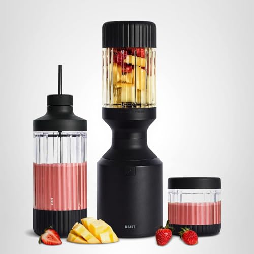 Beast Mega 1200 Stainless Steel | Premium Countertop Blender | Smoothies, Shakes, Sauces, Dips | Lg Servings | Blends Ice + Frozen Fruit | Double-Wall Insulation | Extra Vessels | 1200W (Carbon Black)