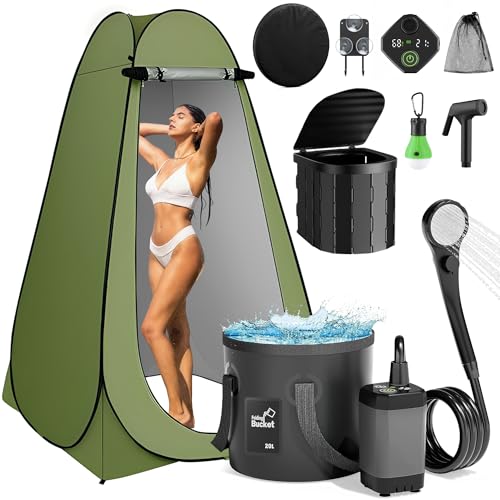 Portable Camping Shower, Pop Up Privacy Tent Kit with LED Light and Foldable Toilet, 6000mAh LCD Screen Shower Pump, 5.3 Gallons Bucket, Outdoor Shower for Hiking, Travel, Car