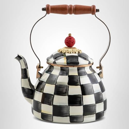 MACKENZIE-CHILDS Enamel Tea Kettle, Stylish Tea Kettle for Stovetop, Black-and-White Courtly Check, 2 Quarts