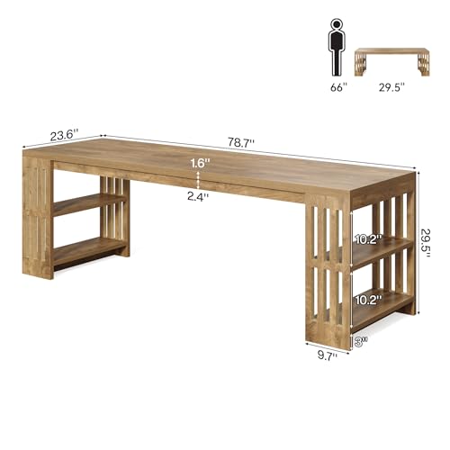 LITTLE TREE 78.7" Long Desk, 2 Person Desk with Shelves, Large Wooden Computer Desk, Heavy Duty Shelf Legs Design for Two Person Home Office, Business, Workstation, Natural (78.7" W x 23.6" D)