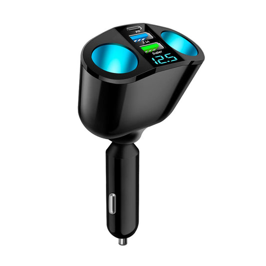 Car Cigarette Lighter Splitter, 2-Socket Cigarette Lighter Adapter with LED Voltmeter, Dual USB QC3.0 Type-C 20W PD Fast Car Charger, 12V/24V Splitter Adapter for Smart Phone GPS Dash Cam