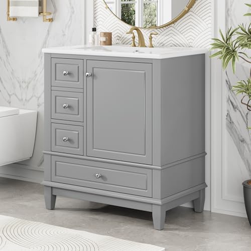 30" Bathroom Vanities with Ceramic Sink, Multi-Functional Modern Wood Storage Cabinet Organizer Door Shelf, Left Side Drawers, Soft-Closing Door, Gray