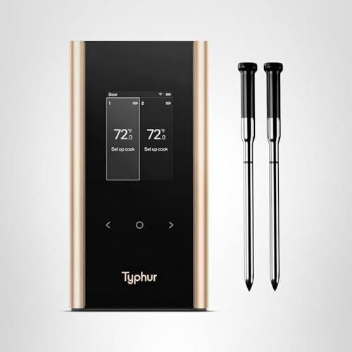 Typhur Sync Gold Wireless WiFi Meat Thermometer, 2 Slim Probes, 6 Sensors, 10x Stronger Signal, ±0.5℉ Accuracy, Smart Base Direct Setup, Reliable Reading Through Kamado Grill BBQ Oven Smoker Air Fryer