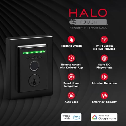 Kwikset Halo Touch Fingerprint Wi-Fi Smart Lock, Keyless Entry Door Deadbolt, Geofence Auto-Unlock, Grade AAA Certified, No Hub Required Easy Install, Matte Black Lifetime Finish Warranty