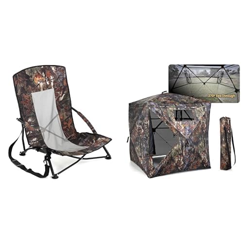 ARROWHEAD OUTDOOR Portable Folding Low Profile Turkey Hunting Chair w/Shoulder Strap + 270° Vision 4.8x4.8 Ft Pop-up 2-3 Person See-Through Hunting Stealth Deer Blind Shelter w/Silent Magnetic Door