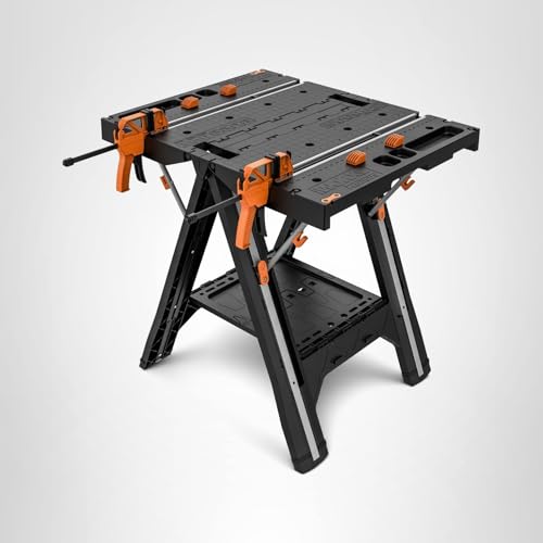 Worx Pegasus 2-in-1 Folding Work Table & Sawhorse, Easy Setup Portable Workbench, 31" W x 25" D x 32" H Lightweight Worktable with Heavy-Duty Load Capacity, WX051 - Includes 2 Clamps & 4 Clamp Dogs