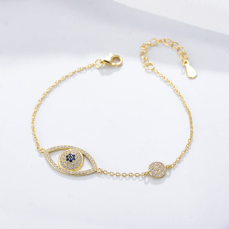 Solid 14K Gold Over 925 Silver Moissanite Evil Eye Bracelet for Women,Dainty Adjustable Evil Eye Charm Chain Bracelet,Fashion Christmas Jewelry Gift for Her (Yellow Gold, 14K Gold)