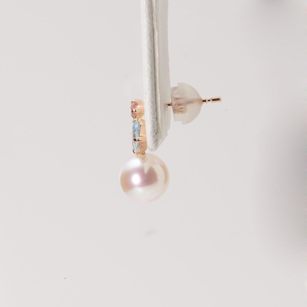 Japanese 6.0mm Akoya Cultured Pearl with Aquamarine and Pink Tourmaline Earrings for Women with 18K Rose Gold | Stylish Design Excellent Gift | Pearl Earrings