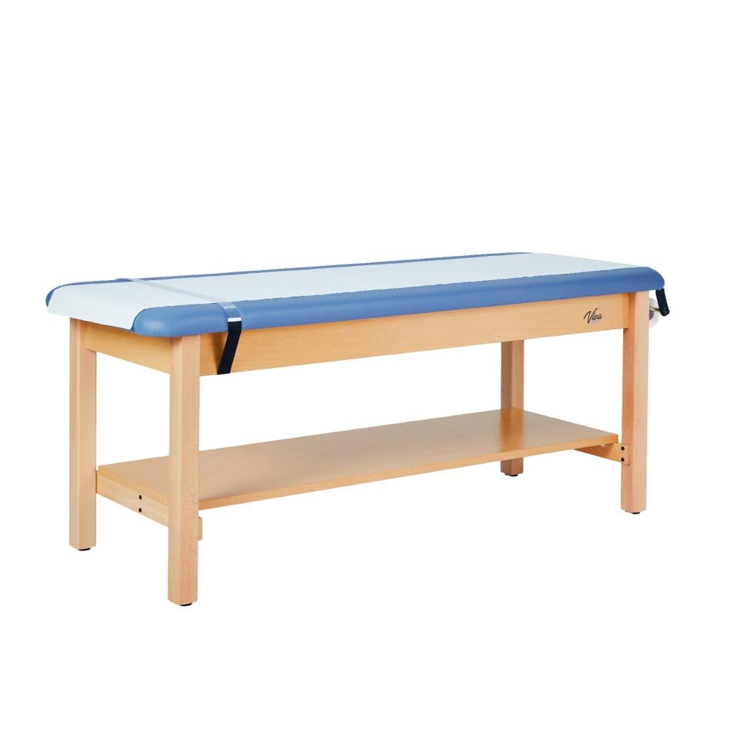 Vivacomfort Aristo H-Brace Wooden Flat Treatment Table with Shelf, 500 lbs Weight Capacity, Blue