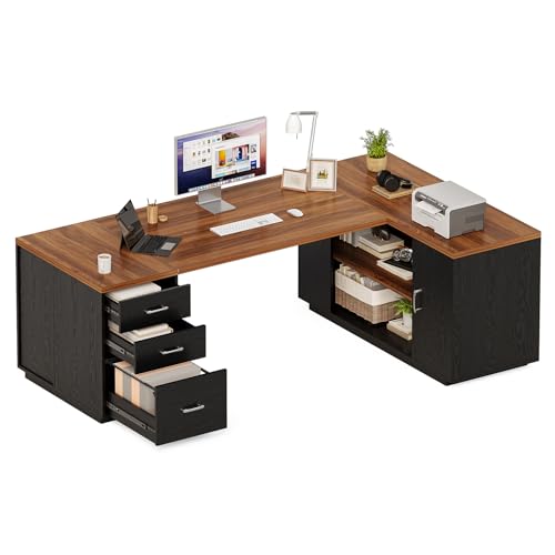 LITTLE TREE 87-Inch Modern Executive Desk with File Cabinet, Large Home Office Desk with Drawers, 3-Drawer Wooden File Cabinet, Spacious Workstation for Home Office (Brown & Black)