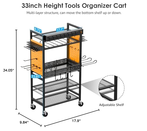 CCCEI Power Tool Organizer Cart with Charging Station, Garage Floor Rolling Storage Cart on Wheels for Mechanic, Mobile 6 Drill, Tool Box Utility Cart with Power Strip, Yellow.