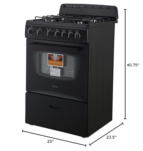Avanti Gas Range Oven, Compact Freestanding Design, 4 Sealed Burners with Electronic Ignition, 2.6 Cu.Ft. Capacity Features Storage Drawer Broiler and Accessories, 24-Inch, Black