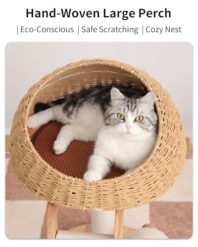 PETTIFUL Wood Cat Tree for Large Cats, Modern Cat Tree Tower with Wide Shelves Cotton Scratching Posts, Super Sturdy Base, Cozy Perches, and Interactive Toys for Indoor Kittens