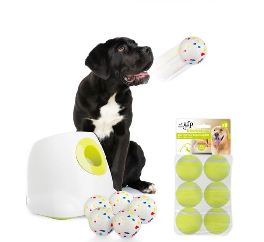 ALL FOR PAWS Automatic Ball Launcher for Dogs, Interactive Puppy Pet Balls Outdoor Thrower for Medium to Large Dogs and six 2.5-inch Tennis Balls Bundle