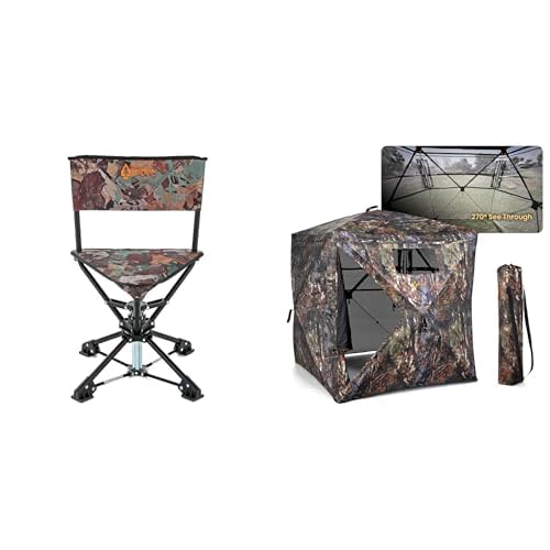 ARROWHEAD OUTDOOR 360° Swivel Hunting Blind Tripod Stool w/No Sink Feet & Carry Bag + 270° Vision 4.8x4.8 Ft Pop-up 2-3 Person See-Through Hunting Stealth Deer Blind Shelter w/Silent Magnetic Door