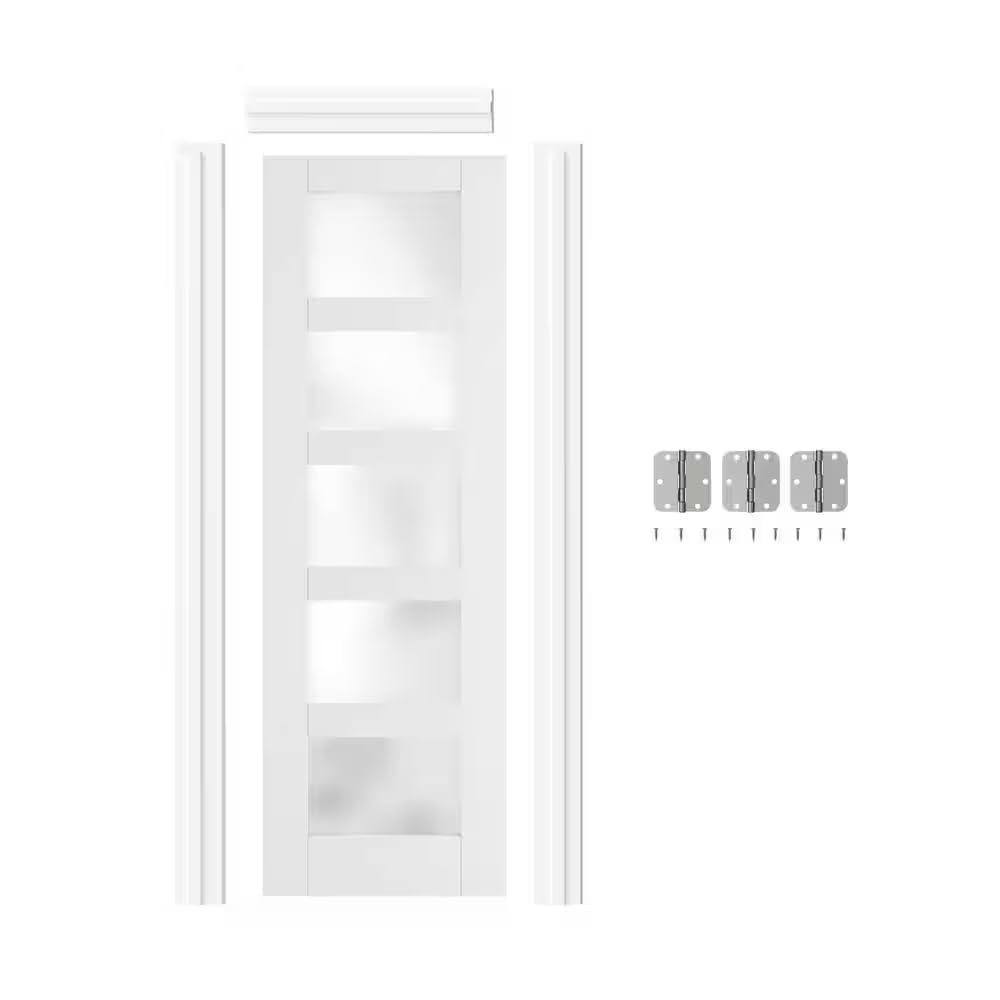 Lakenyon 36" x 80" Prehung Door, 5-Lite Frosted Glass Pantry Doors, Prehung Interior Door, Right-Handed, White MDF with Door Jamb & Hardware Kit