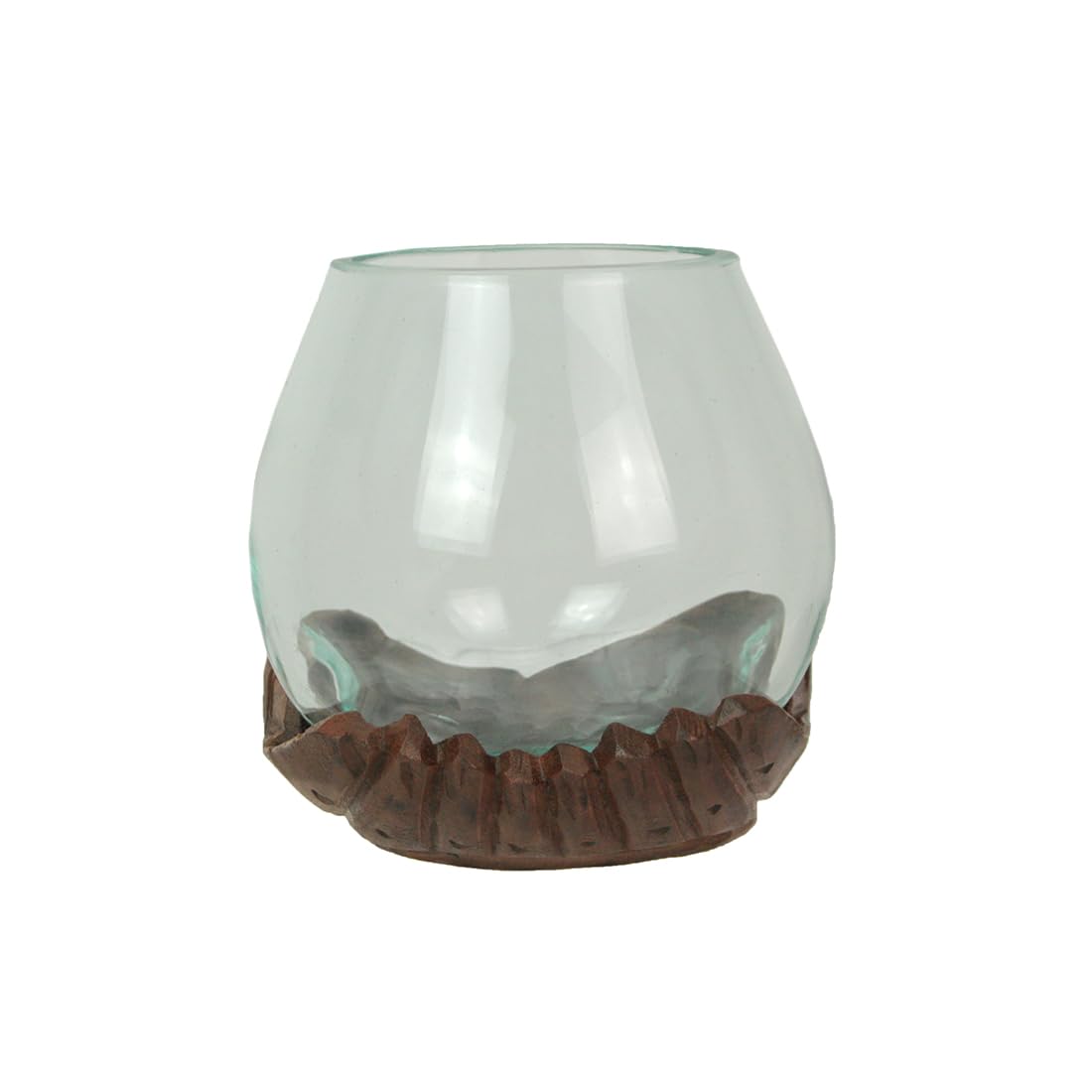 Blown Molten Glass and Carved Wood Hands Decorative Bowl, Vase, and Terrarium, 5 Inches High