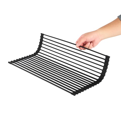 Restaurantware 20.47 x 12.99 Inches Stainless Steel Drying Rack - 12 Count - Clean Tek Professional Dish Drainer, Roll-Up, Non-Slip - Space-Saving Over-The-Sink Rack - Silicone Coated Black