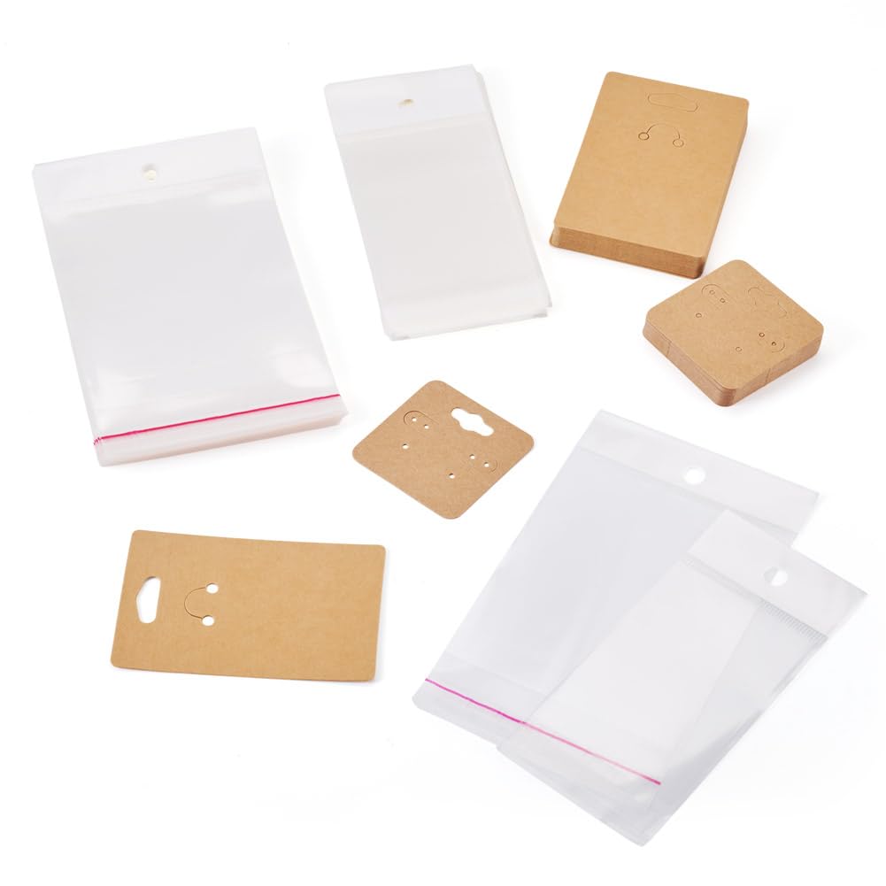 Handship 100Pcs Jewelry Display Cards with 100Pcs Clear Plastic Bags Square Paper Earring Necklace Card Holder Rectangle Keychain Display Cards for Selling Jewelry Packaging Supplies, BurlyWood