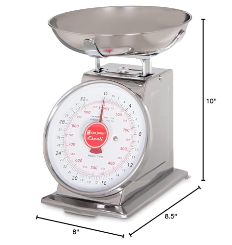 San Jamar Escali Promzr Mechanical Dial Scale with Bowl for Kitchens and Restaurants, Metal, 2 Pounds, Silver