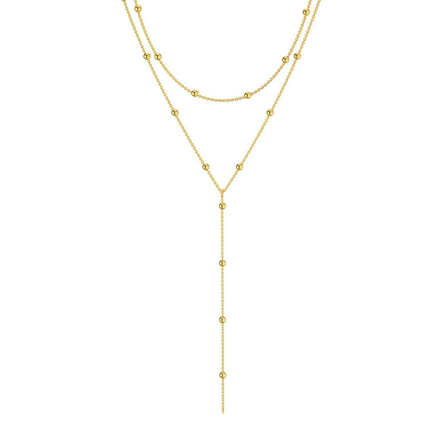 Zeffy Dainty Long Gold Necklaces for Women Trendy Lariat Y Necklace 14k Gold Plated Layered Beaded Drop Necklaces Simple Y-Shaped Chain Jewelry Gift Wedding