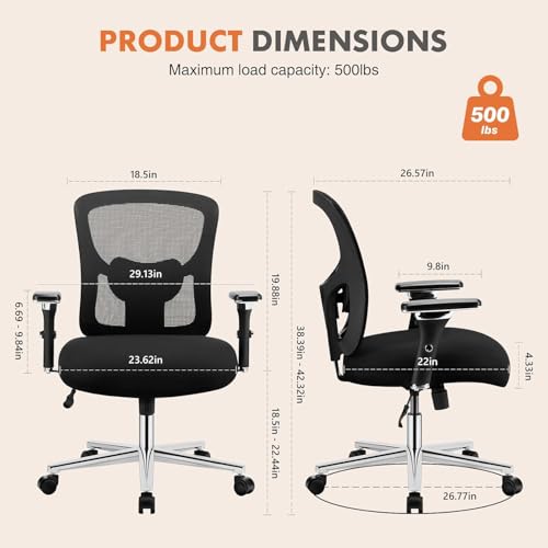Sweetcrispy Big and Tall Office Desk Chair with Lumbar Support, 500lbs Heavy Duty Mesh Ergonomic Computer Chair with 4D Armrest and Wide Comfy Seat, Wheels for Adult, Black