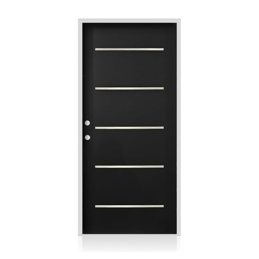 36 in. x 80 in. Right-Hand Black Steel Prehung Front Door with Bore Hole