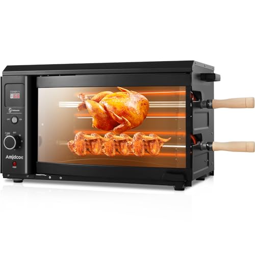 Amjdcoe Electric Rotisserie Grill Indoor with Auto-Rotating Skewers, 31 QT Smoke-Free Rotisserie Oven with Timer for Brazilian Picanha BBQ, Churrasco, Black