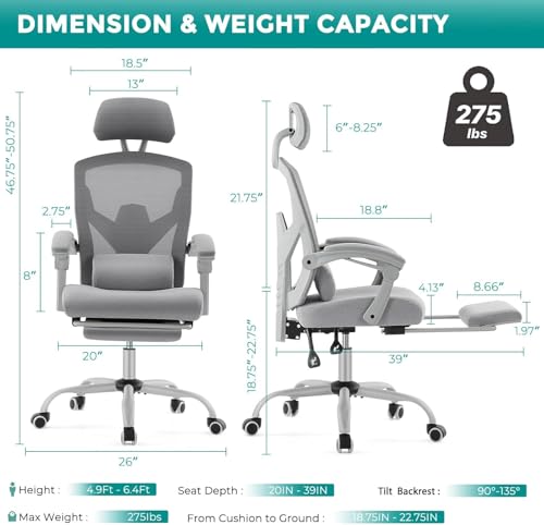DUMOS Home Office Desk Chair with Footrest, High-Back Mesh Rolling Swivel Reclining Chairs with Wheels, Comfortable Headrest, Lumbar Support, Comfy Arms for Home, Office, Gaming, Student,Elegant Grey